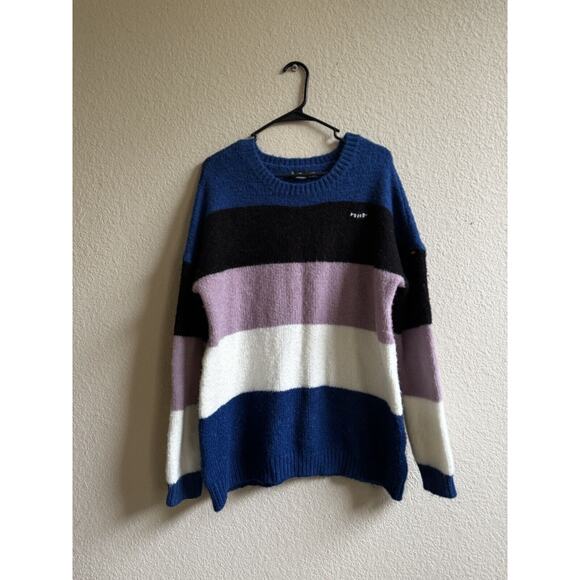 Volcom Sweater Women’s M/L Blue‎ Black Knit Stripe Colorful Oversized Comfy - Picture 7 of 7